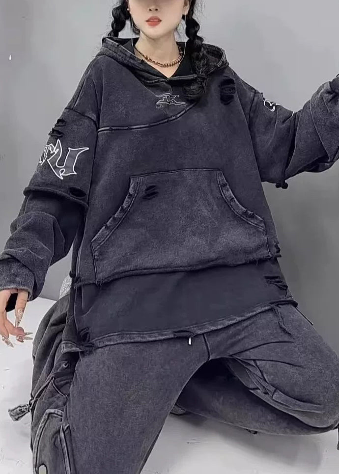Style Purple Hooded Pockets Patchwork Cotton Sweatshirts Top Fall Ru031