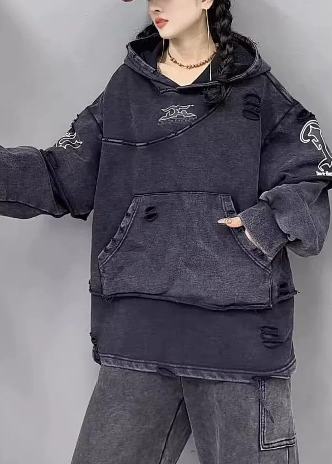 Style Purple Hooded Pockets Patchwork Cotton Sweatshirts Top Fall Ru031