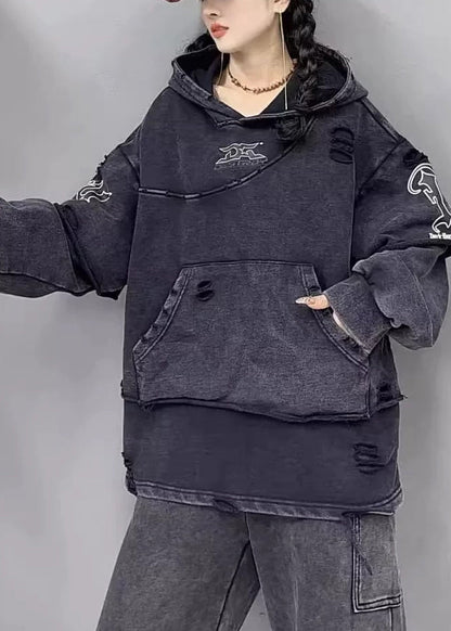 Style Purple Hooded Pockets Patchwork Cotton Sweatshirts Top Fall Ru031