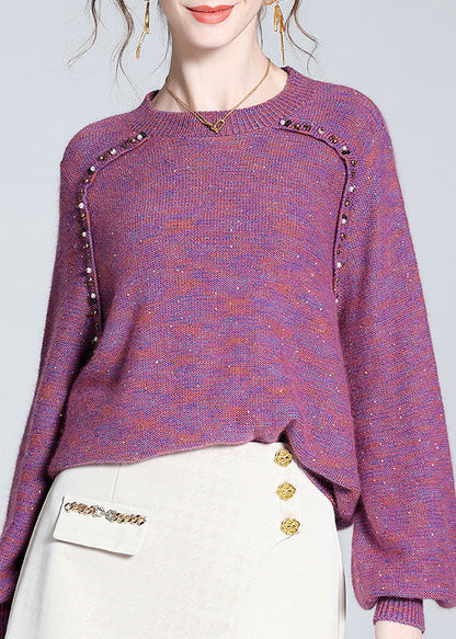 Style Purple O-neck Nail Bead Cashmere Knit Sweaters Spring Ly0128
