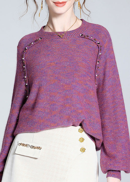 Style Purple O-neck Nail Bead Cashmere Knit Sweaters Spring Ly0128
