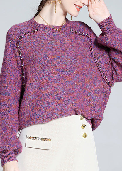 Style Purple O-neck Nail Bead Cashmere Knit Sweaters Spring Ly0128