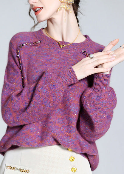 Style Purple O-neck Nail Bead Cashmere Knit Sweaters Spring Ly0128