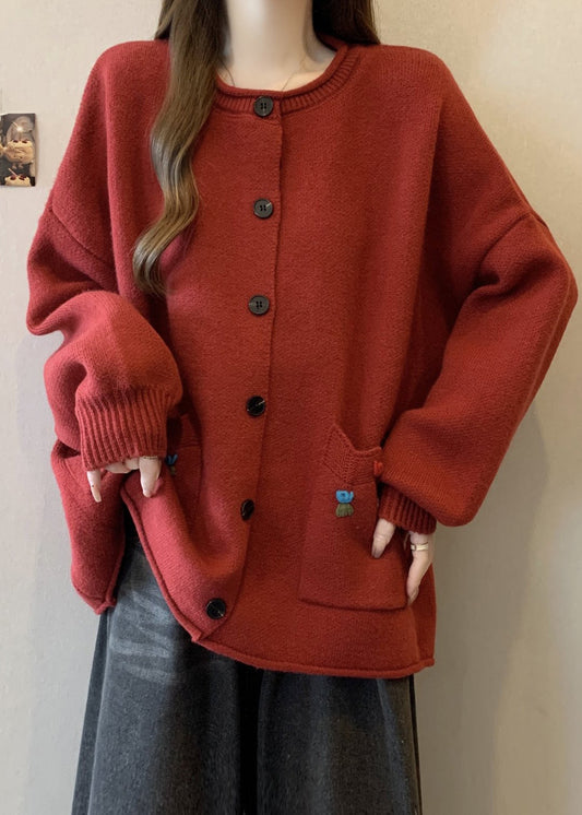 Style Red O Neck Button Pockets Knit Cardigan Winter Rg025