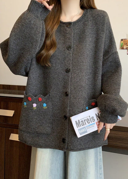 Style Red O Neck Button Pockets Knit Cardigan Winter Rg025