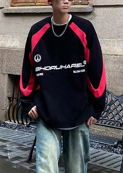 Style Red O Neck Patchwork Cotton Sweatshirt Fall Eq012
