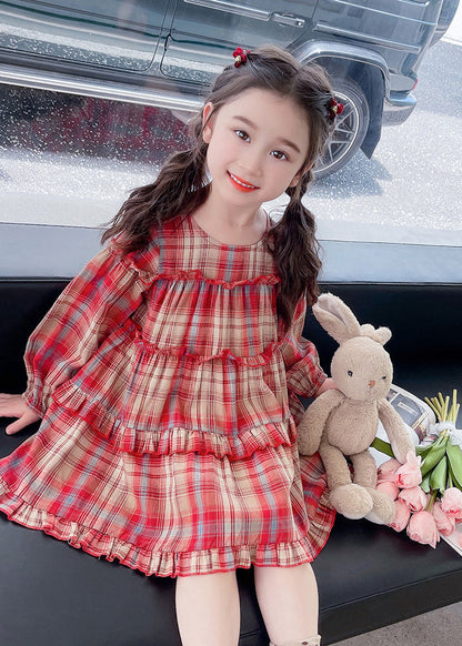 Style Red O-neck Plaid Patchwork Maxi Dress Long Sleeve Ss1046