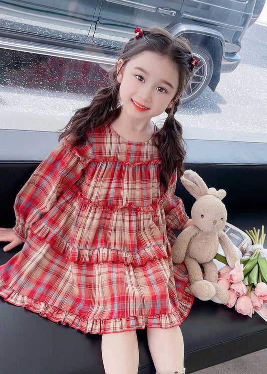 Style Red O-neck Plaid Patchwork Maxi Dress Long Sleeve Ss1046