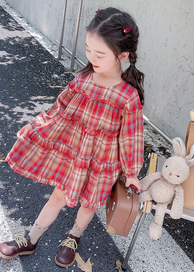 Style Red O-neck Plaid Patchwork Maxi Dress Long Sleeve Ss1046