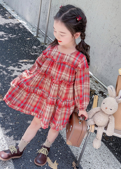 Style Red O-neck Plaid Patchwork Maxi Dress Long Sleeve Ss1046
