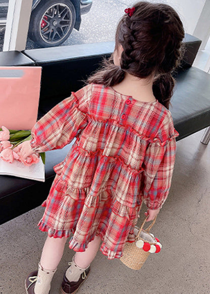 Style Red O-neck Plaid Patchwork Maxi Dress Long Sleeve Ss1046