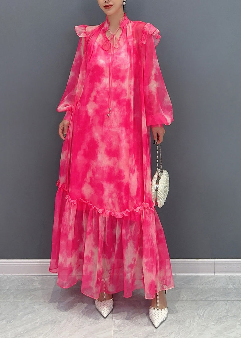 Style Red Stand Collar Ruffled Print Chiffon Maxi Dress Long Sleeve Ao1025