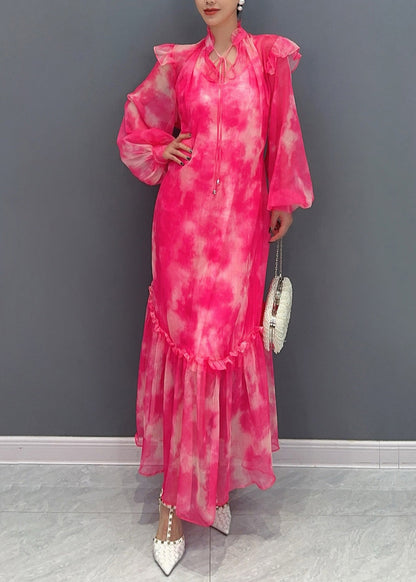 Style Red Stand Collar Ruffled Print Chiffon Maxi Dress Long Sleeve Ao1025