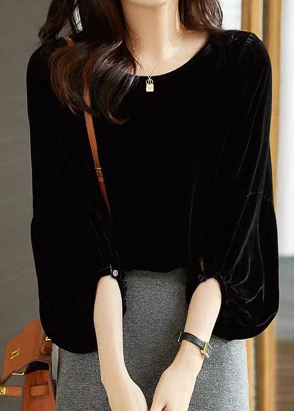 Style Versatile Black O Neck Velour Blouse Top Lantern Sleeve Bv073