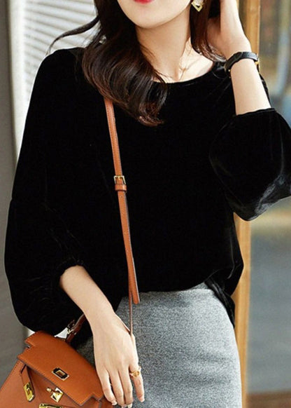 Style Versatile Black O Neck Velour Blouse Top Lantern Sleeve Bv073