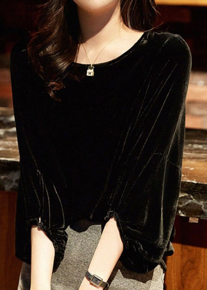 Style Versatile Black O Neck Velour Blouse Top Lantern Sleeve Bv073