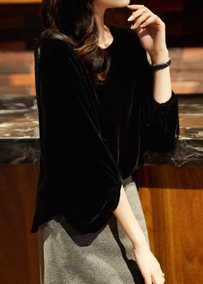 Style Versatile Black O Neck Velour Blouse Top Lantern Sleeve Bv073