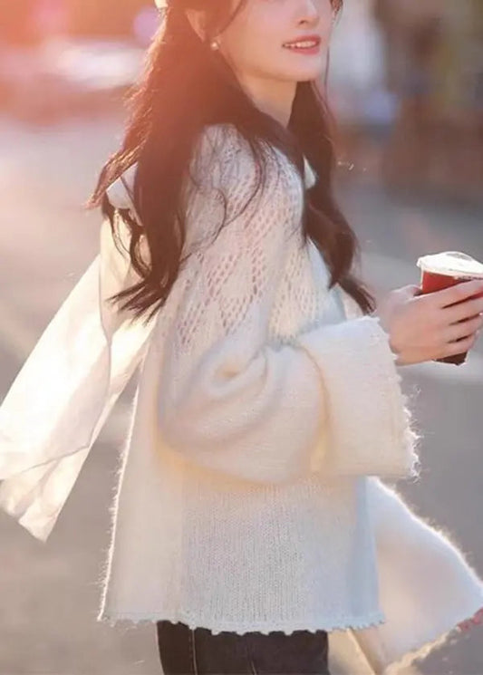 Style White Hollow Out Lace Up Knit Sweaters Spring Ha1029