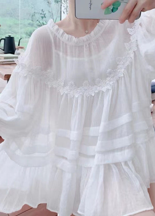 Style White Lace Ruffled Patchwork Cotton Blouses Lantern Sleeve Ff020