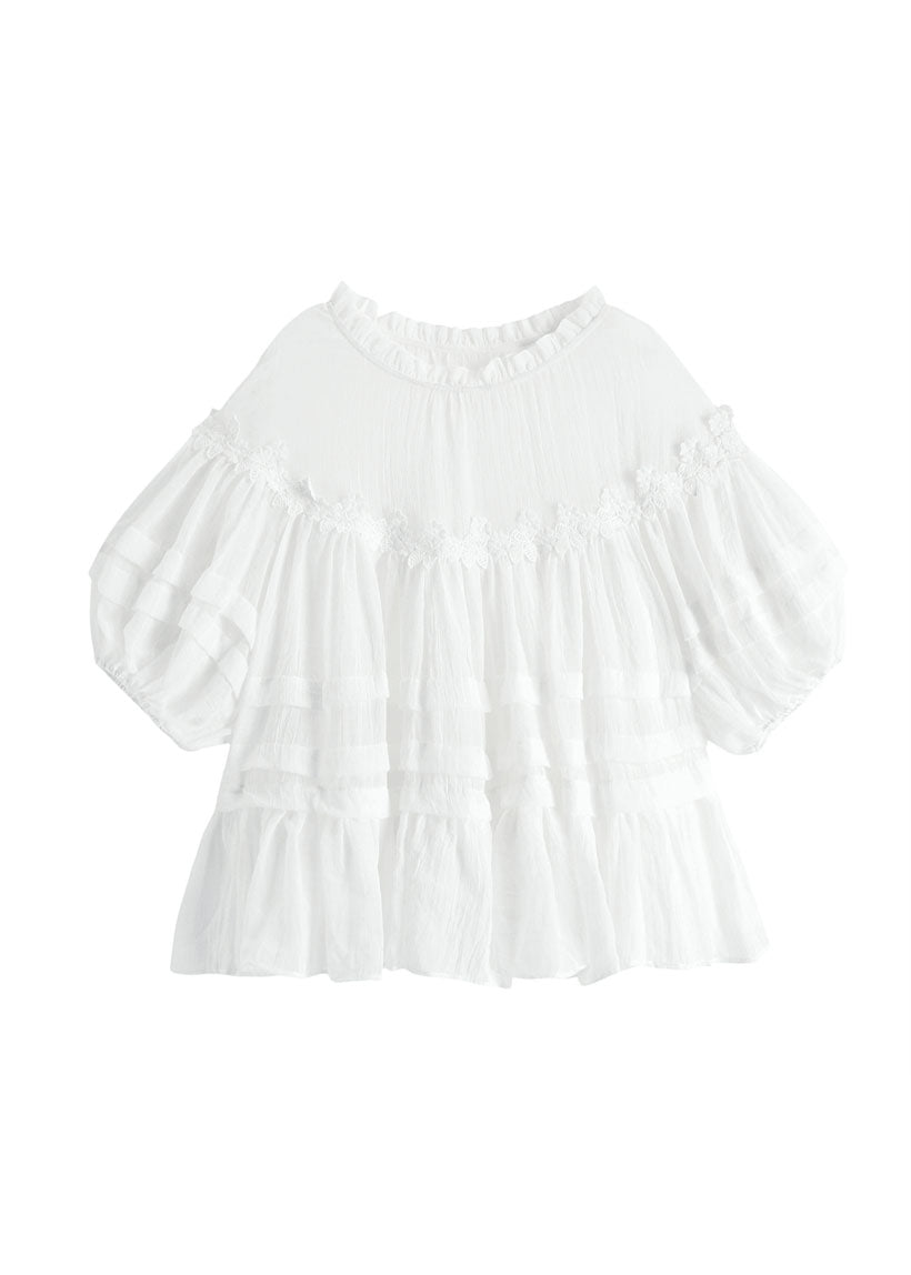 Style White Lace Ruffled Patchwork Cotton Blouses Lantern Sleeve Ff020