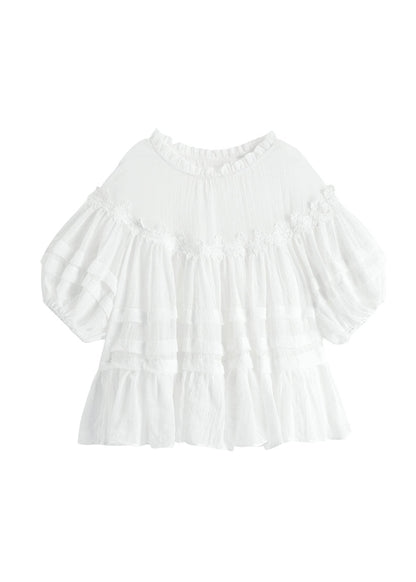 Style White Lace Ruffled Patchwork Cotton Blouses Lantern Sleeve Ff020
