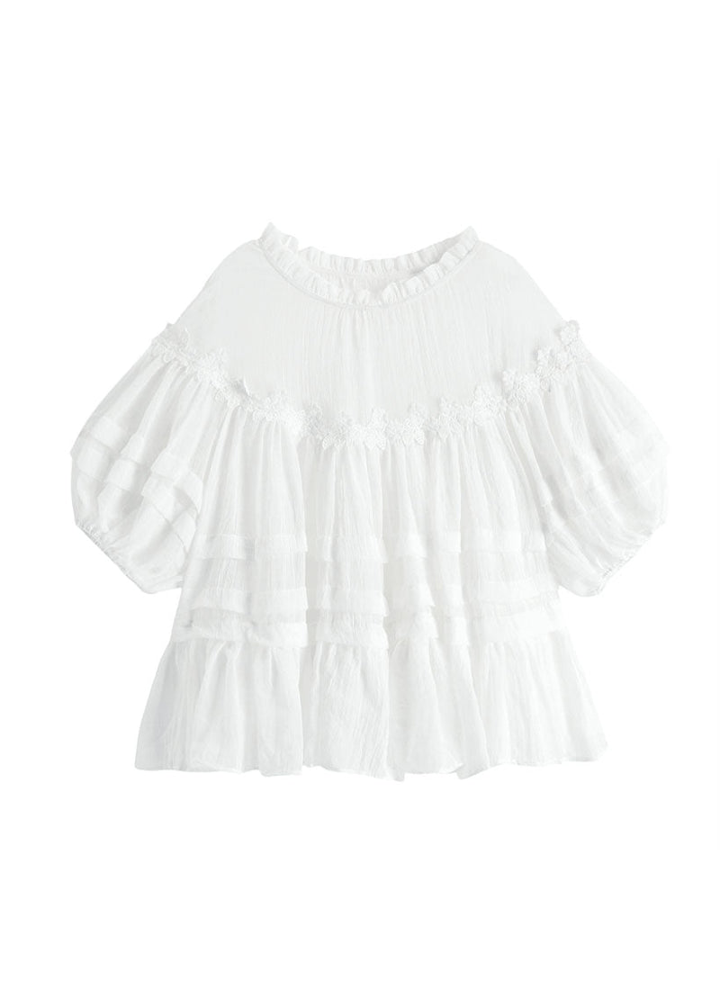 Style White Lace Ruffled Patchwork Cotton Blouses Lantern Sleeve Ff020
