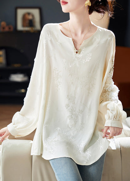 Style White Nail Bead Jacquard Chiffon Blouses Spring Rl020
