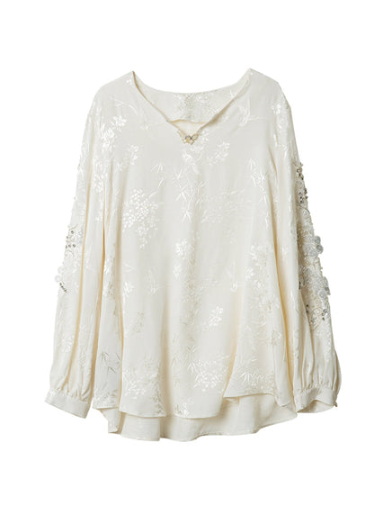Style White Nail Bead Jacquard Chiffon Blouses Spring Rl020