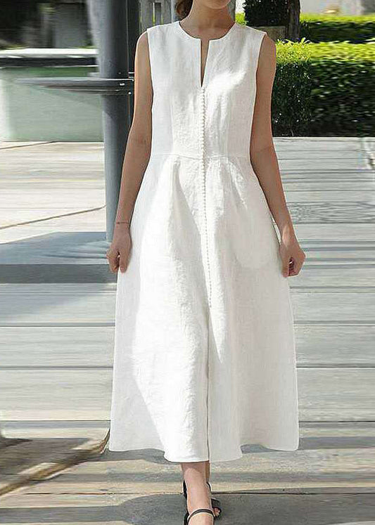 Style White O-neck Patchwork Tunic Cotton Maxi Dresses Sleeveless Lc0014