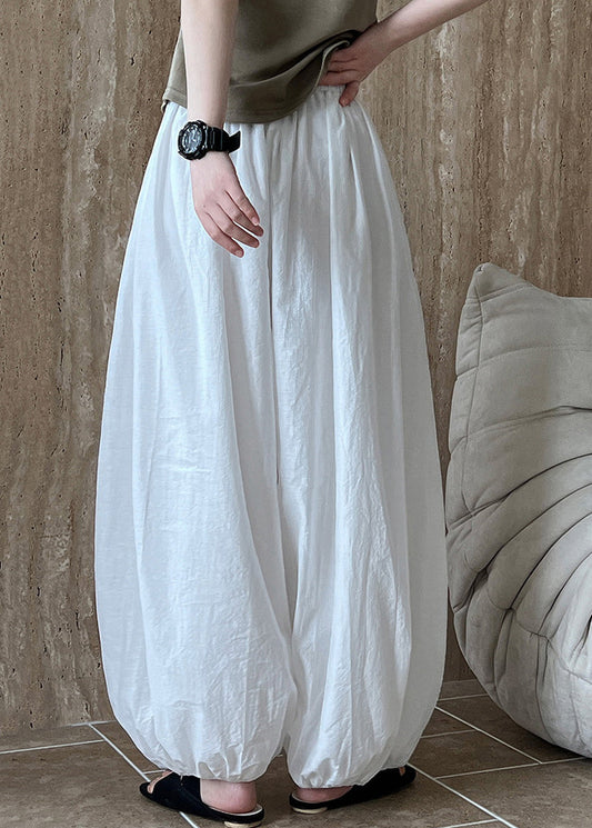 Style White Pockets Elastic Waist Cotton Lantern Pants Summer Qk002
