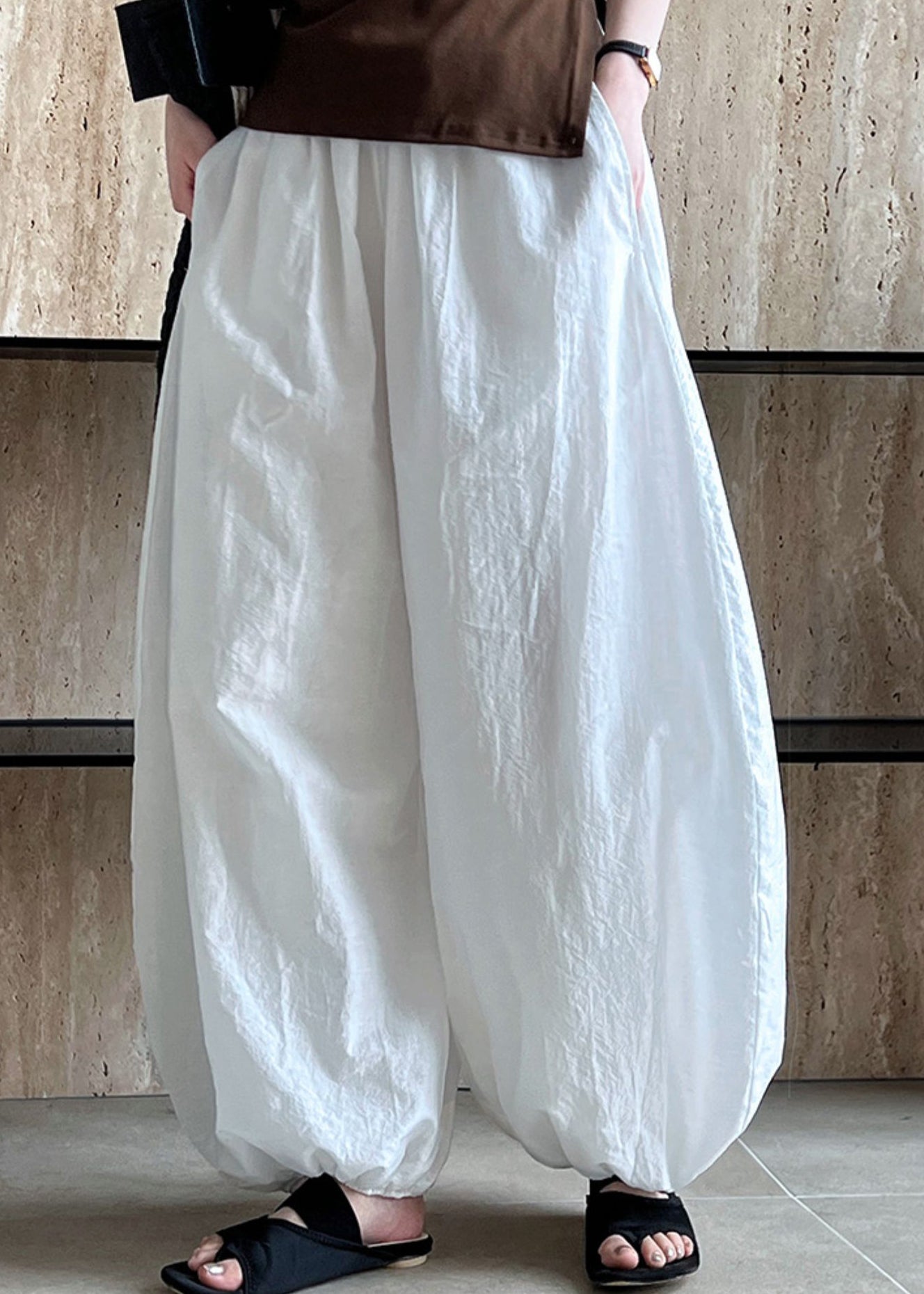 Style White Pockets Elastic Waist Cotton Lantern Pants Summer Qk002