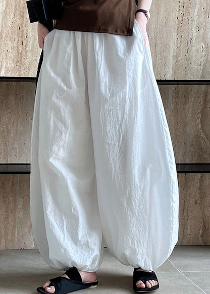 Style White Pockets Elastic Waist Cotton Lantern Pants Summer Qk002