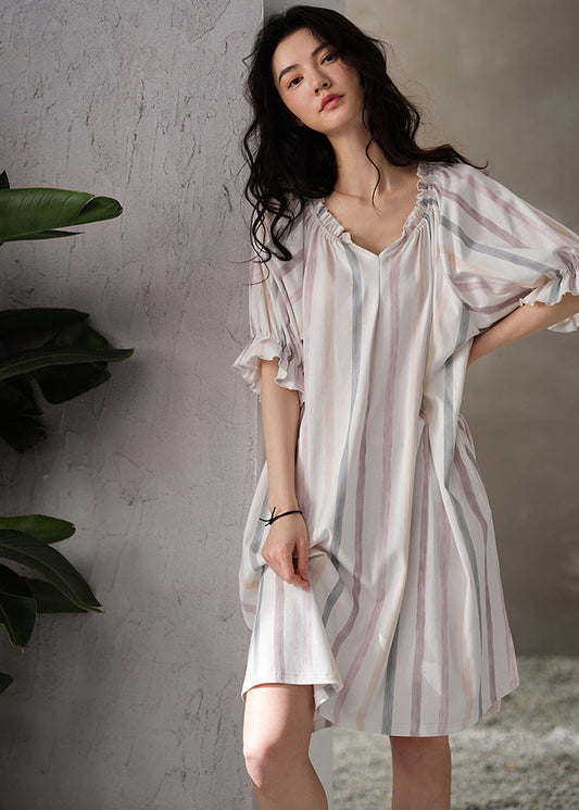 Style White V Neck Striped Cotton Long Dresses Summer Ly1865