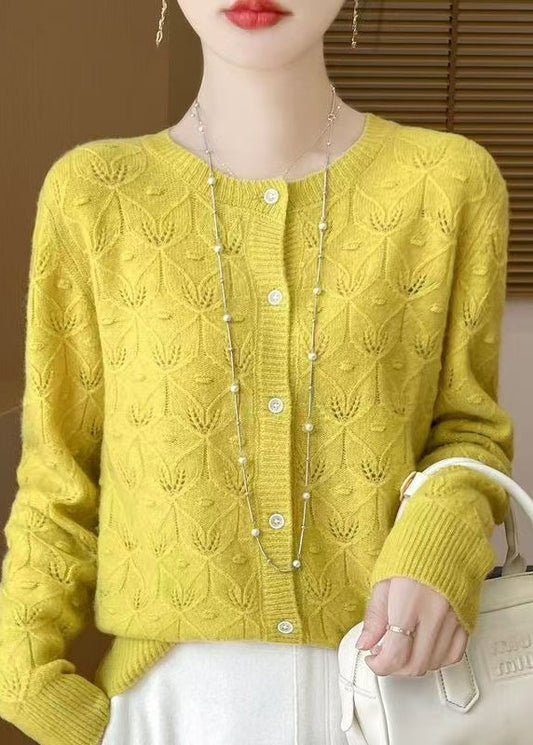 Style Yellow Hollow Out Jacquard Wool Cardigan Spring Tq016