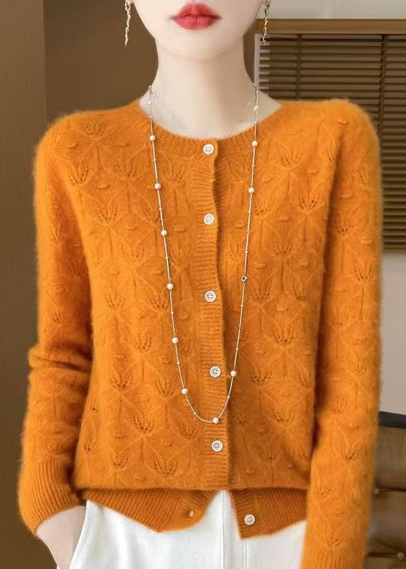 Style Yellow Hollow Out Jacquard Wool Cardigan Spring Tq016