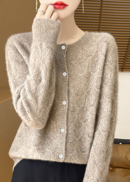 Style Yellow Hollow Out Jacquard Wool Cardigan Spring Tq016