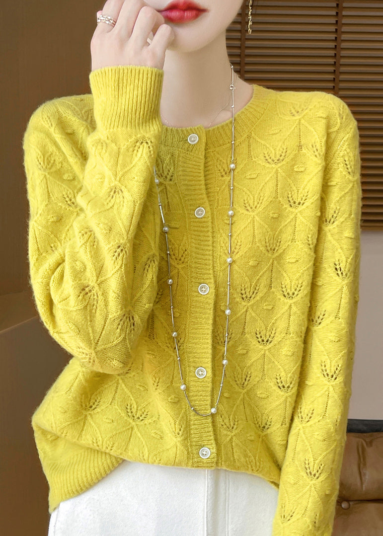 Style Yellow Hollow Out Jacquard Wool Cardigan Spring Tq016