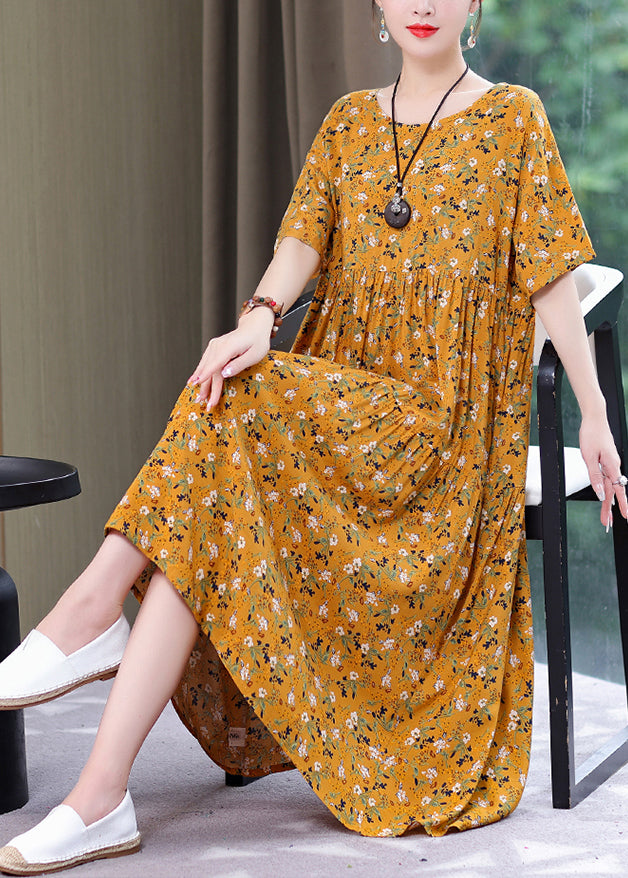 Style Yellow O-neck Print Wrinkled Long Dress Summer Gh1057
