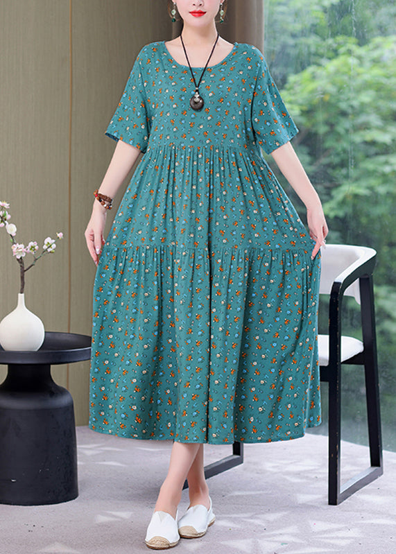 Style Yellow O-neck Print Wrinkled Long Dress Summer Gh1057
