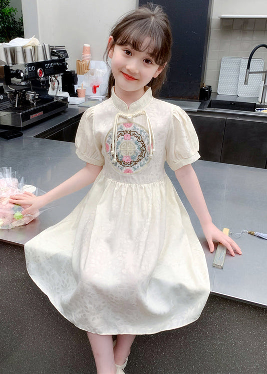 Stylish Apricot Embroideried Patchwork Button Long Dress Summer Mn004
