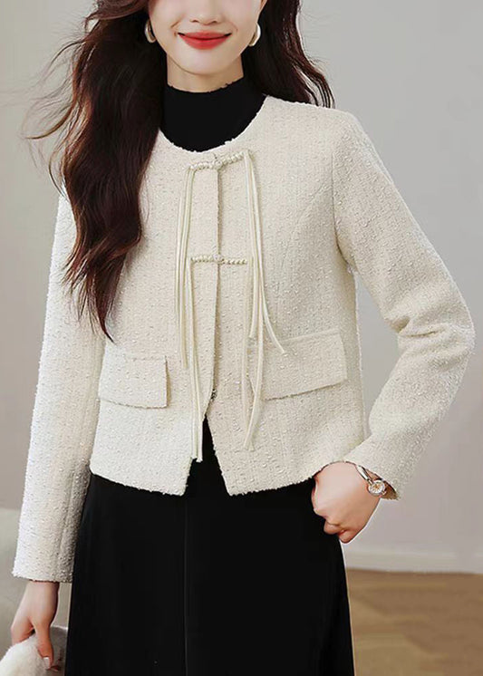 Stylish Apricot O Neck Chinese Button Cotton Coats Fall Qo007