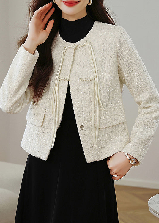 Stylish Apricot O Neck Chinese Button Cotton Coats Fall Qo007