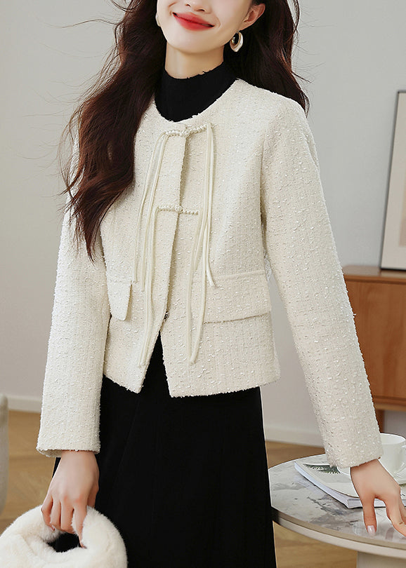Stylish Apricot O Neck Chinese Button Cotton Coats Fall Qo007