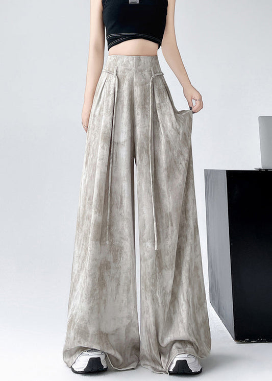 Stylish Apricot Tie Dye High Waist Ice Silk Wide Leg Pants Summer Ru004