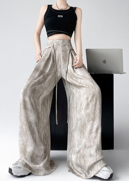 Stylish Apricot Tie Dye High Waist Ice Silk Wide Leg Pants Summer Ru004