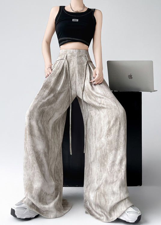 Stylish Apricot Tie Dye High Waist Ice Silk Wide Leg Pants Summer Ru004