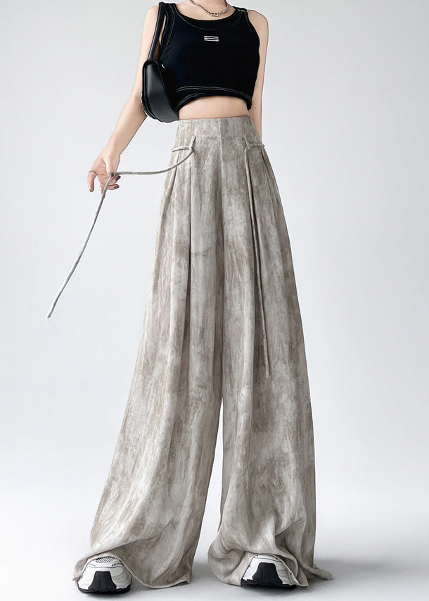 Stylish Apricot Tie Dye High Waist Ice Silk Wide Leg Pants Summer Ru004