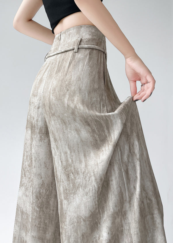 Stylish Apricot Tie Dye High Waist Ice Silk Wide Leg Pants Summer Ru004