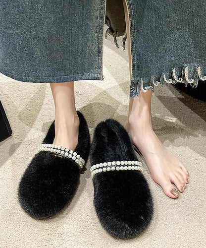 Stylish Beige Fuzzy Fur Nail Bead Splicing Flat Feet Shoes Tq058