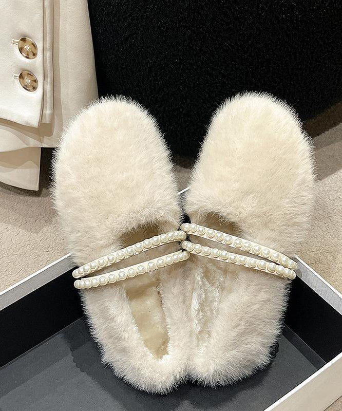 Stylish Beige Fuzzy Fur Nail Bead Splicing Flat Feet Shoes Tq058